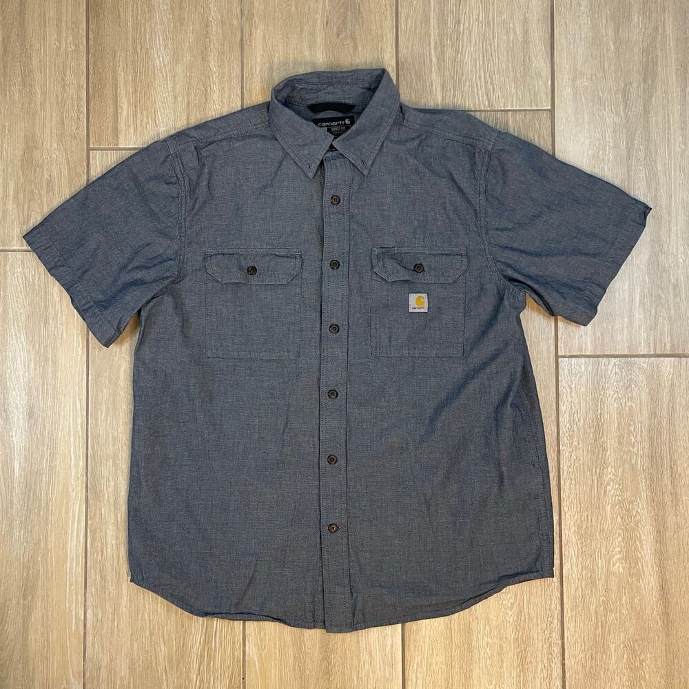 Carhartt Loose Fit Chambray Work Shirt L Blue Cotton Button Front Short Sleeve